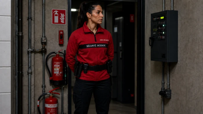 Agent ORFA Sécurité en tenue de sécurité incendie devant un local technique