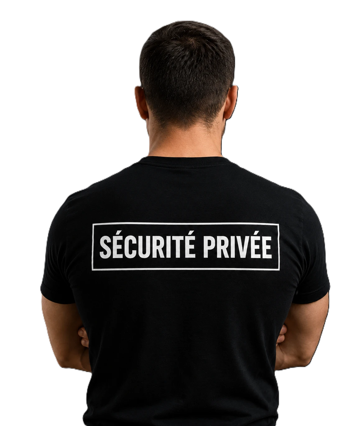 Dos d’un polo d’agent portant la mention Sécurité privée