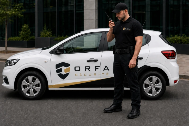 Véhicule d’intervention ORFA Sécurité et son agent lors d’une ronde